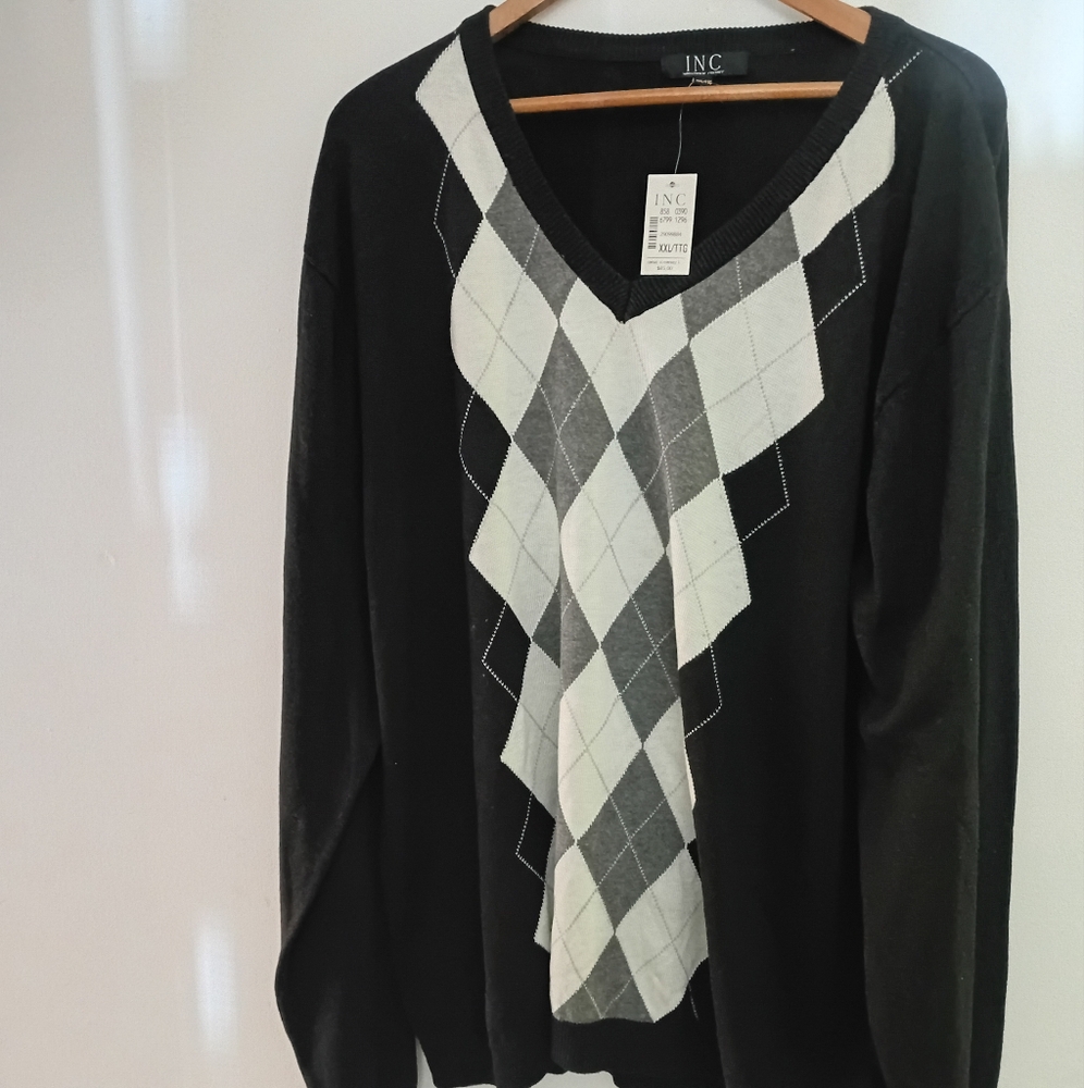 INC International Concepts Black and White Argyle Dress Sweater